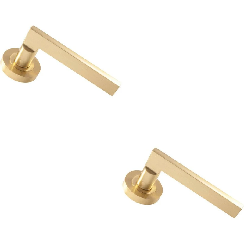 Image of Loops 2x PAIR Straight Plinth Mounted Handle on Round Rose Concealed Fix Satin Brass Metallics