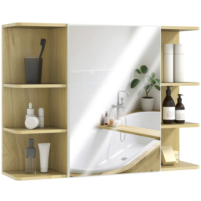 Image of HOMCOM HOMCOM Bathroom Wall Cabinet with Mirror and Open Storage Shelves Natural Natural One Size Unisex 5063603631359