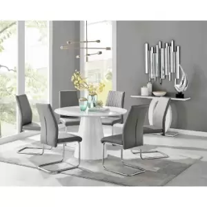 Image of Furniture Box Palma White High Gloss Round Dining Table and 6 Grey Lorenzo Chairs