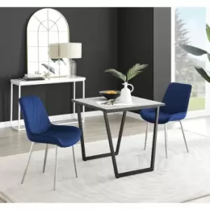 Image of Furniturebox Carson White Marble Effect Square Dining Table & 2 Navy Pesaro Silver Leg Velvet Chairs