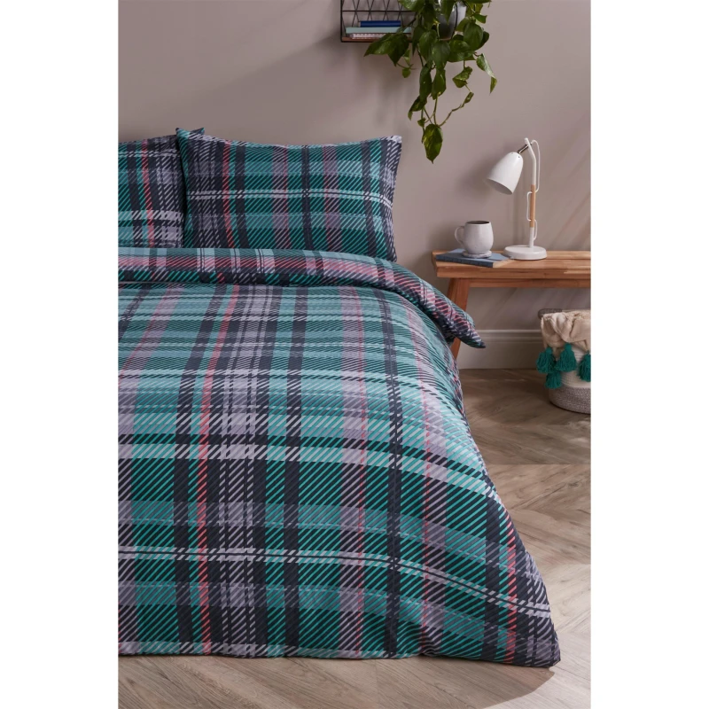 Image of Homelife Brushed Microfibre Check Duvet Set - Green Green Single