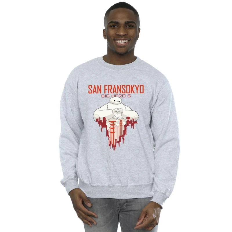 Image of Disney Men Big Hero 6 Baymax San Fransokyo Heart Sweatshirt in Grey Size: Small Grey S Male 5059934882409