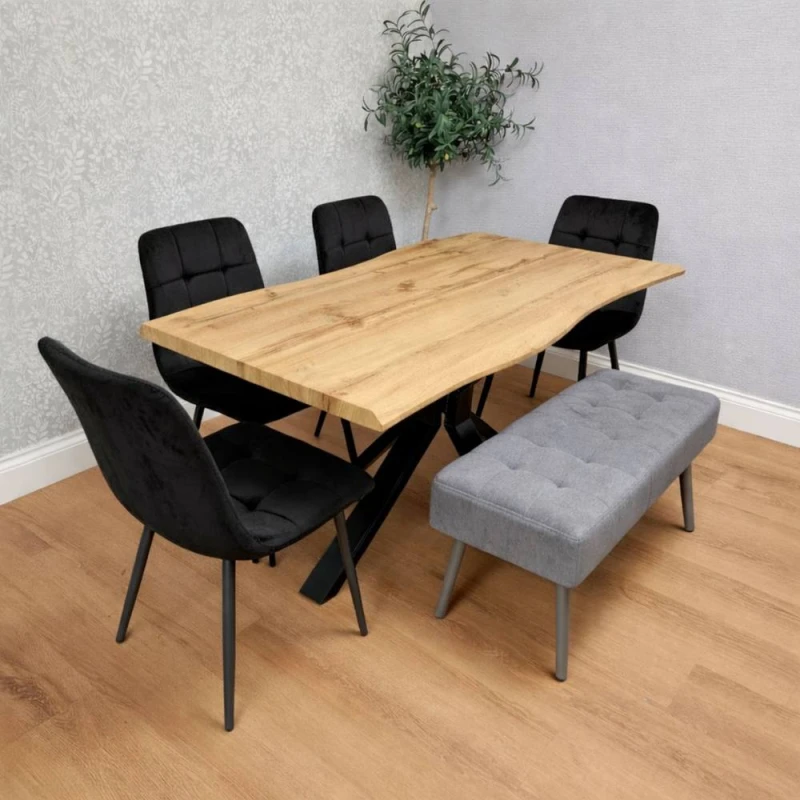 Image of Kosy Koala Wood Dining Set with 4 Velvet Chairs & Grey Velvet Bench, Multi DA11117ROC04000