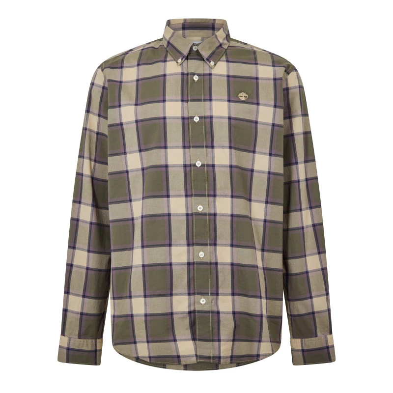 Image of Timberland Mens Poplin Check Dark Denim Long Sleeve Oxford Shirt Lemon Pepper Yd male S