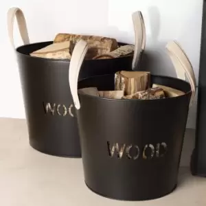 Image of Charles Bentley - Rowan Pair of Fireside Wood Buckets 1 x Large Bucket 1 x Small Bucket - Black