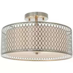 Image of Low Ceiling Geometric Light Satin Nickel Glass & Fabric Round Modern Lamp Shade