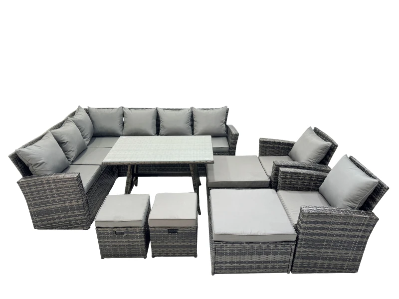 Image of Fimous 11 Seat Rattan High Back Corner Sofa Set with 4 Stools 2 Chairs in Dark Grey Dark Grey Unisex