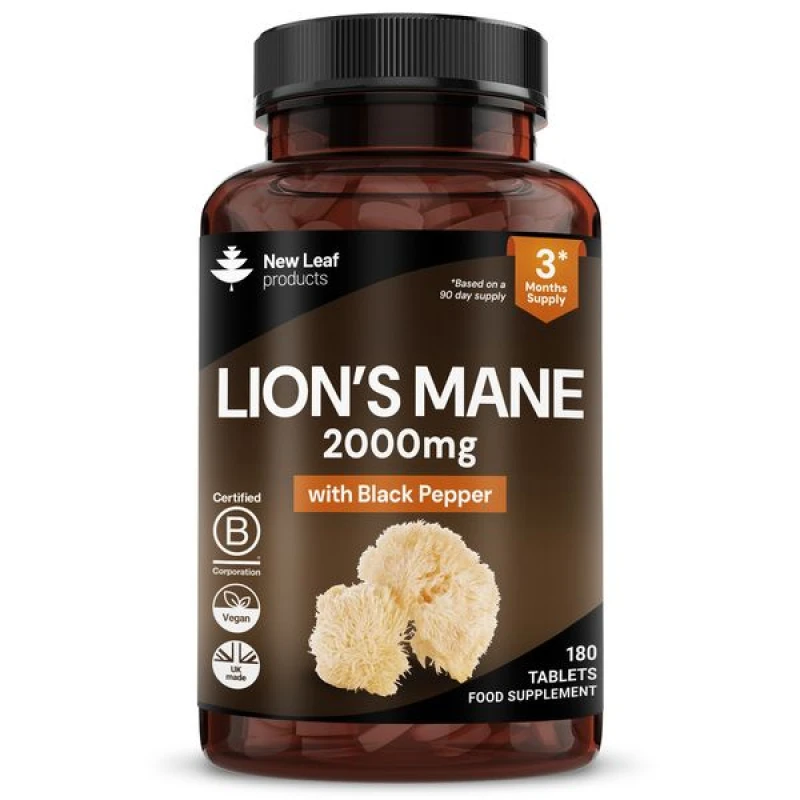 Image of New leaf health Lions Mane Mushroom 2000mg - 180 High Strength Vegan Tablets with Black Pepper - Lion's Mane Mushrooms Extract (Not Powder or Capsules