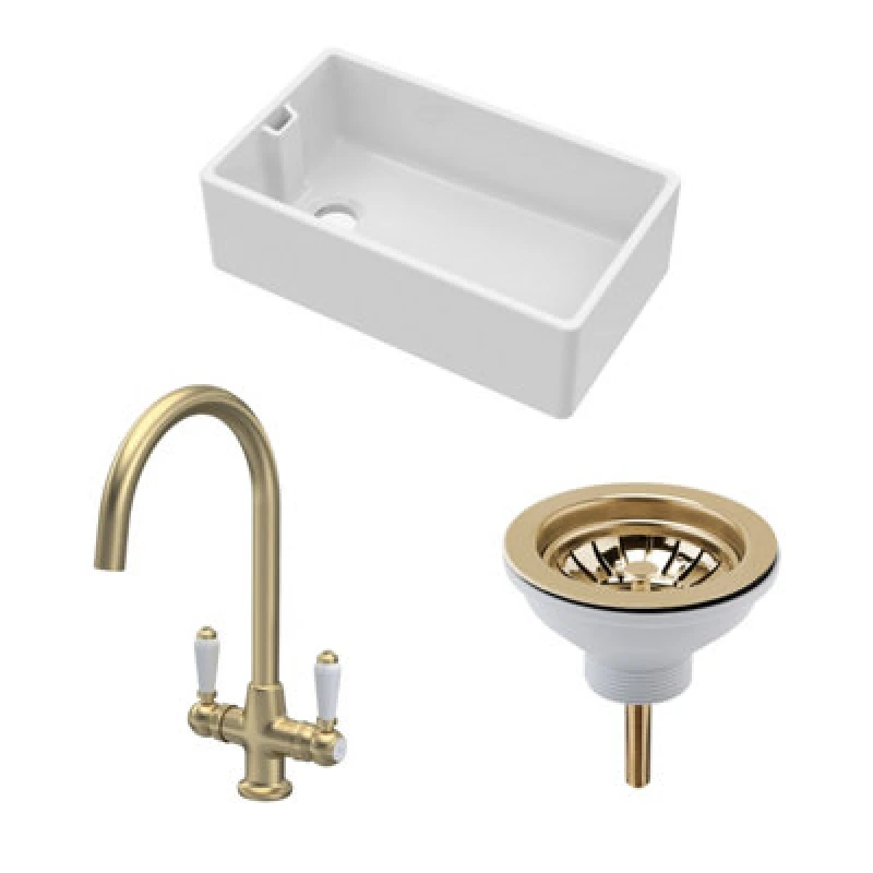 Image of BALTERLEY Balterley - Fireclay Kitchen Bundle - Single Bowl Belfast Sink, Strainer Waste & Mono Lever Tap, 795mm - Brushed Brass BKS220WT12