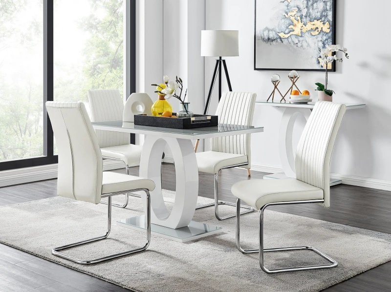 Image of FurnitureboxUK FurnitureboxUK Giovani Grey White Modern High Gloss And Glass Dining Table And 4 Lorenzo Chairs Set in Off White Off White One Size Uni