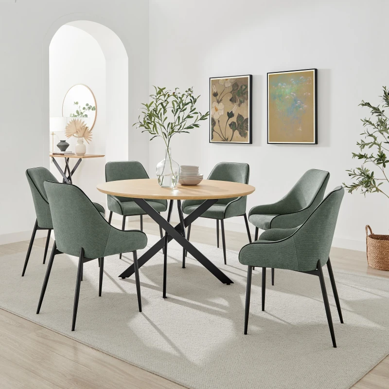 Image of FurnitureboxUK FurnitureboxUK Novara 120cm Oak Effect Dining Table & 6 Beaumont Green Fabric Chairs Green One Size Unisex 5056784315323