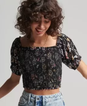 Image of Superdry Womens Vintage Ecovero Smocked Crop Top Black / Olivia Paisley Floral - Size: 16