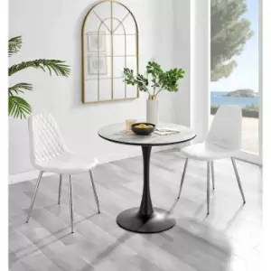 Image of Furniture Box Elina White Marble Effect Round Dining Table and 2 White Corona Silver Chairs