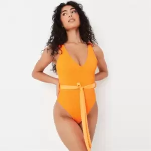 Image of Missguided Plunge Tie Waist Swimsuit - Orange