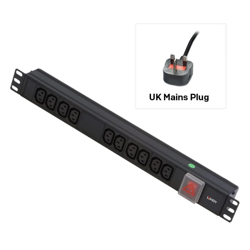Image of Lindy Lindy 1U 10 Way IEC Sockets, Horizontal PDU with UK Mains Plug 29991