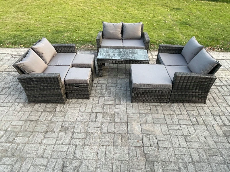 Image of Fimous Outdoor U Shape Sofa Set Wicker PE Rattan Garden Furniture Set with Coffee Table Double Seat Sofa 3 Footstools in Dark Grey Dark Grey Unisex