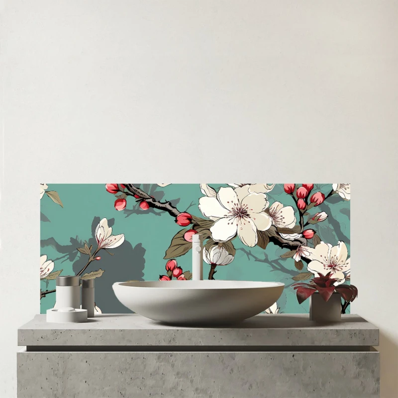 Image of Warren Reed - Designer Pink Blossom Asian Design Glass Bathroom Splashback in Green Green Unisex