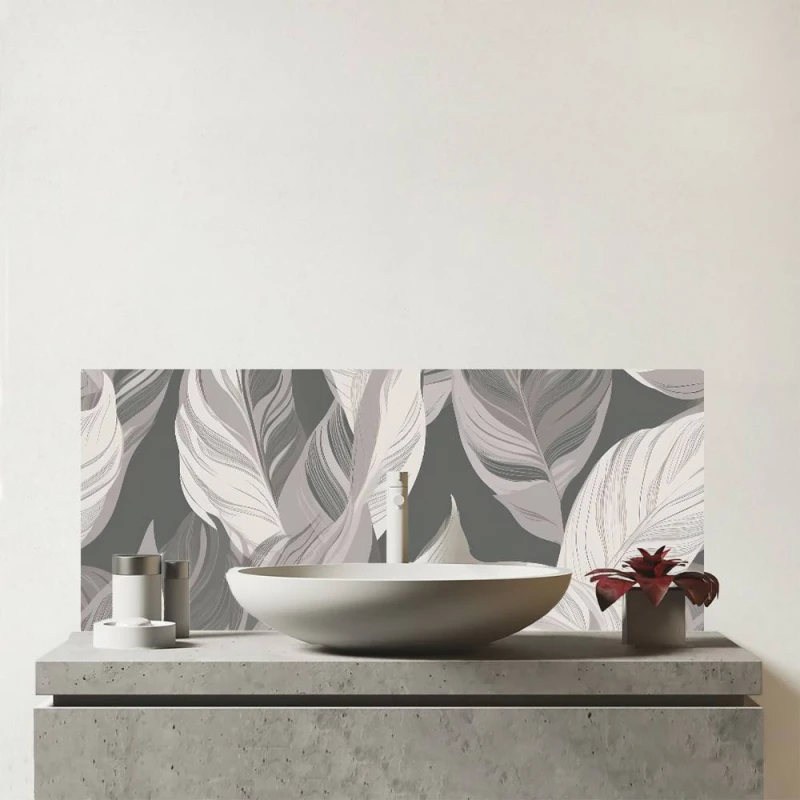 Image of Warren Reed - Designer Grey Floral Leaves Glass Bathroom Splashback Grey Unisex