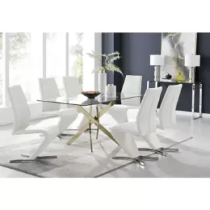Image of Furniturebox Leonardo 150cm Modern Glass And Gold Metal Dining Leg Table And 6 White Willow Faux Leather Silver Chrome Leg Dining Chairs