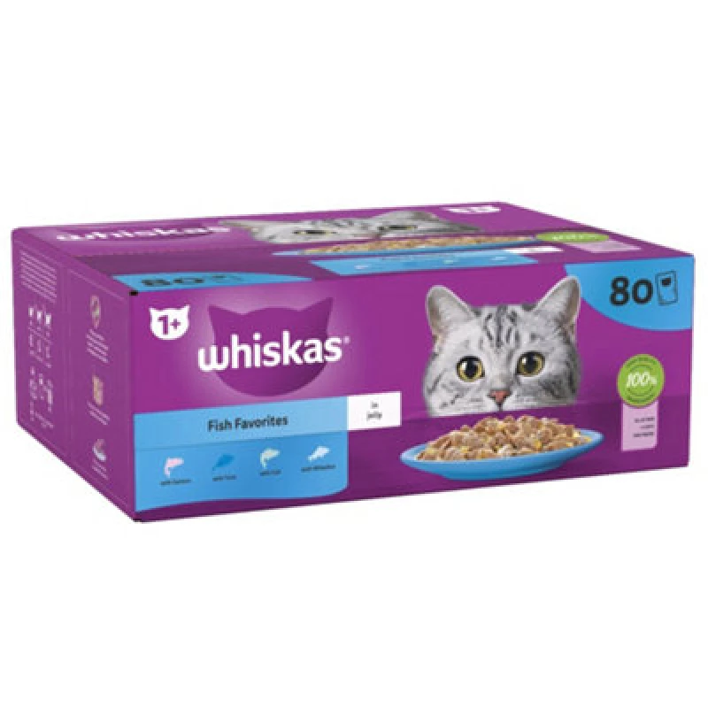 Image of Whiskas 1+ Cat Pouches Fish Favourites In Jelly Cat Food 80 X 85G