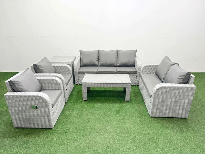 Image of Fimous PE Rattan Garden Furniture Set Adjustable Chair Sofa Double Love Seat 2 Seater Sofa Lounge Set Rectangular Coffee Table Side Table Light Grey L