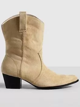 Image of Boohoo Wide Fit Western Cowboy Ankle Boots - Beige, Beige, Size 4, Women