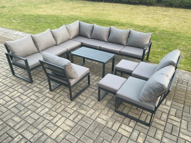 Image of Fimous Aluminium Outdoor Garden Furniture Set Patio Lounge Sofa with Oblong Coffee Table 2 Small Footstools Dark Grey Dark Grey Unisex