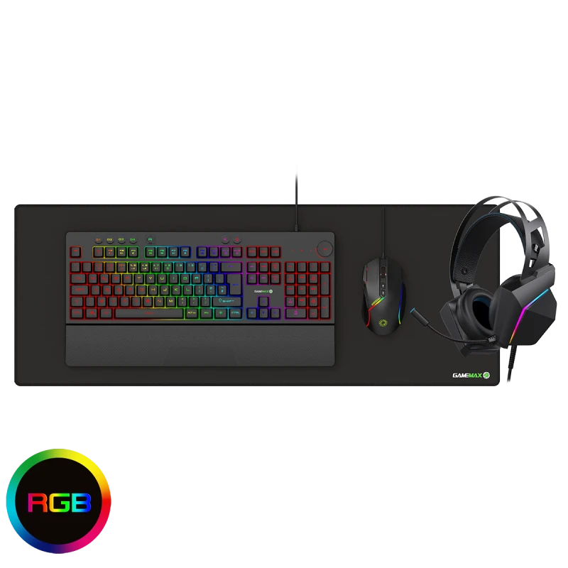 Image of GameMax Pulse PRO 4-in-1 - Pro Keyboard |12800 DPI Mouse 5.1 surround 5mm drive Headset 800 x 300 x 4mm Mouse Pad - Combo Kit - GMX-PULSE-PRO