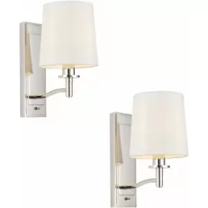 Image of 2 pack Bright Nickel Indoor Wall Light Fitting & Vintage White Fabric Shade