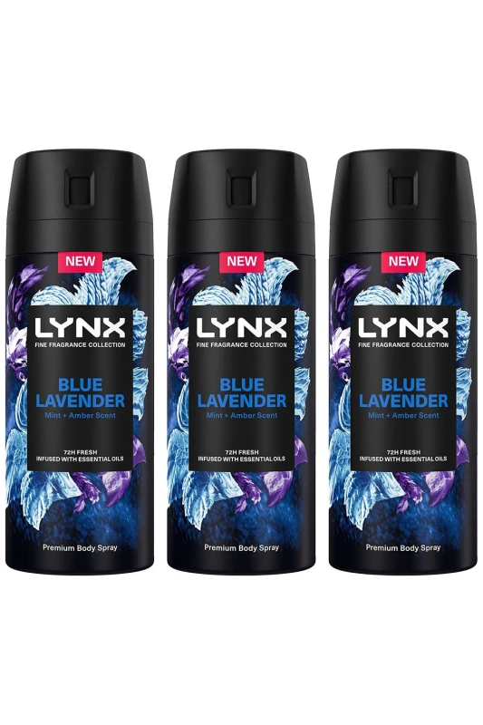Image of Lynx Fine Fragrance Blue Lavender Deo 'Body Spray'150ml 3 Pack Purple male