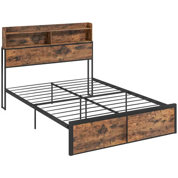Image of HOMCOM Industrial Double Bed Frame, 4.8FT Steel Bed Base w/ Storage Headboard, Footboard, Under Bed Storage, 145 x 209cm, Rustic Brown