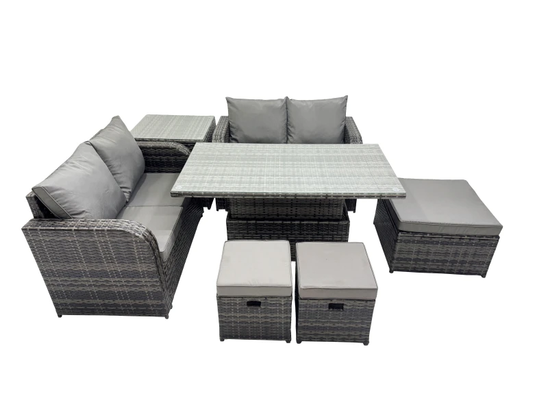 Image of Fimous 7-seater Rattan Garden Furniture Dining Set with 3 Stool Side Table in Dark Grey Dark Grey Unisex