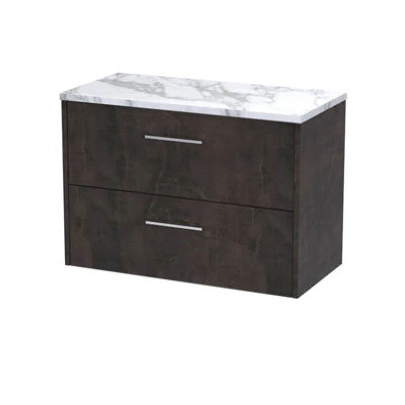 Image of Nuie Hudson Reed Juno Wall Hung 2-Drawer Vanity Unit & Carrera Marble Worktop, Countertop Basin Unit In Metallic Slate, 800mm