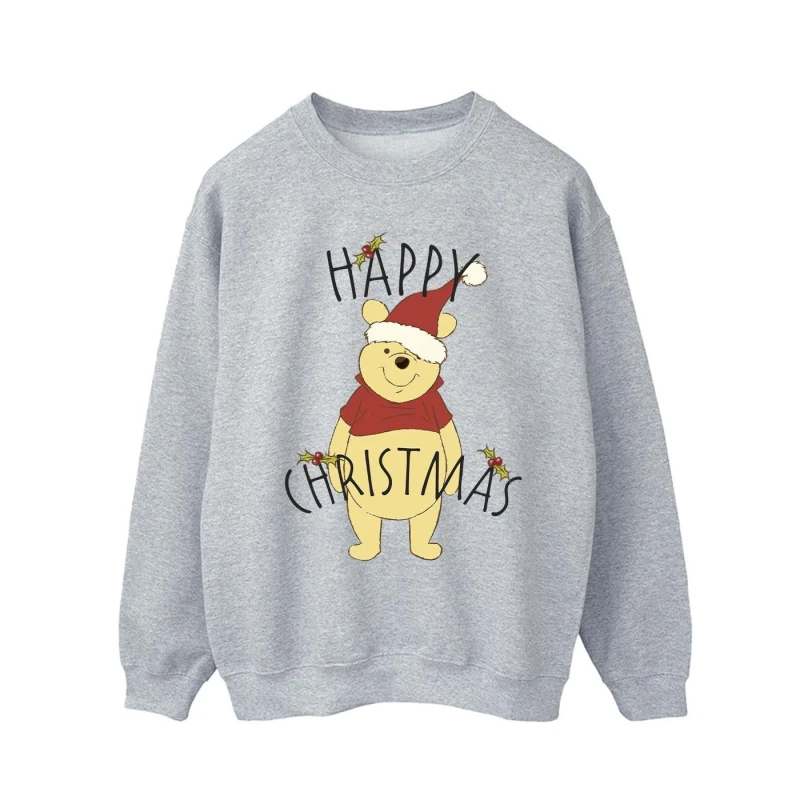 Image of Disney Men Winnie The Pooh Happy Christmas Holly Sweatshirt in Grey Size: Small Grey S Male 5063283950320