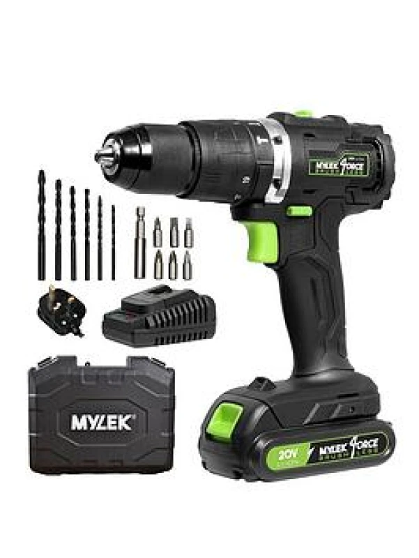 Image of Mylek Cordless Drill 20V Brushless Driver Impact Hammer Action Combi Set With 2.0Ah Battery And Fast Charger, 50Nm Electric Screwdriver, 19+3 Torque,