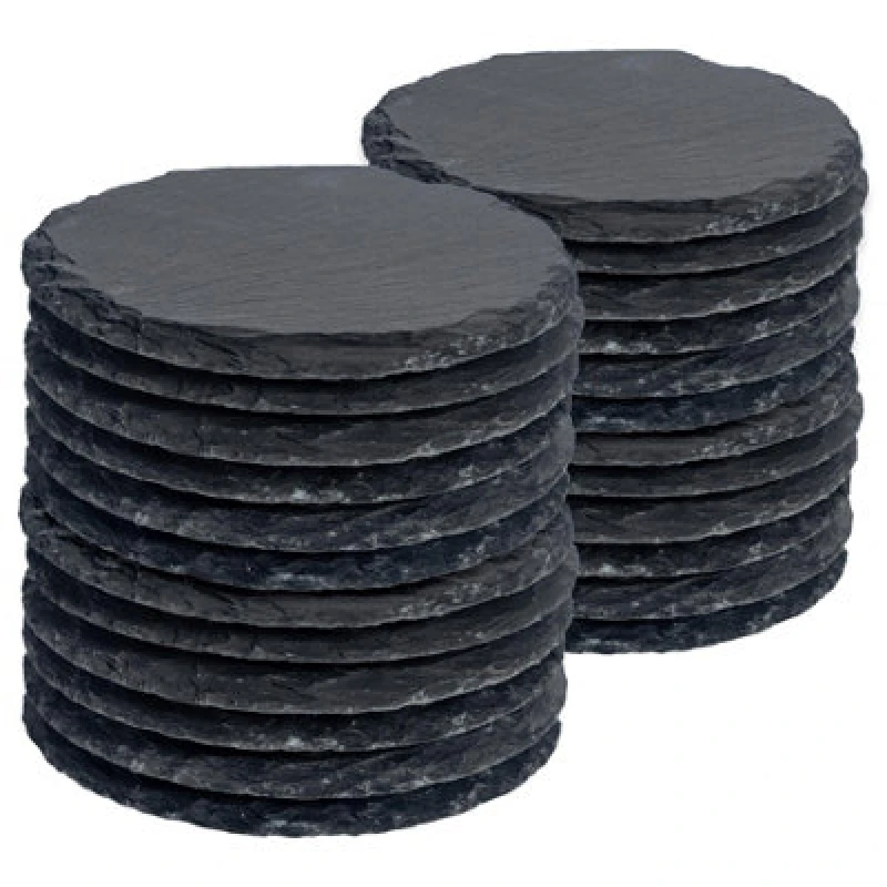 Image of Argon Tableware 24X Round Slate Coasters - Drink Coasters Black Stone Natural Slate Rough Edge Drink Mat Cup Mats