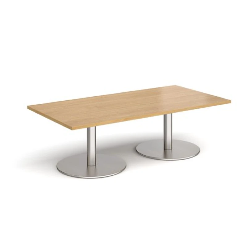 Image of Monza Rectangular Cafe and Bistro Coffee Table with Flat Round Brushed Steel Base - Top 1600mm x 800mm - Oak