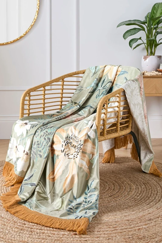 Image of Soiree 'Sagara' Large Floral Print Soft Touch Velvet Throw in Green Size: 130cm x 180cm Green Unisex 130cm x 180 cm