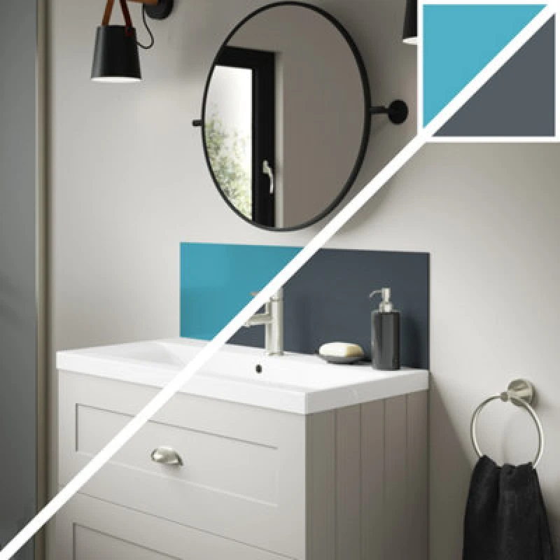 Image of Splashwall Alloy Laminate Adhesive Double-Sided Bathroom Splashback (H)25Cm (W)80Cm - Gloss Turquoise & Slate Grey Glass Effect