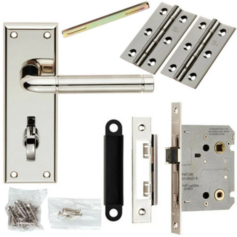 Image of Loops Door Handle & Bathroom Lock Pack Polished & Satin Nickel Round Lever Backplate Metallics