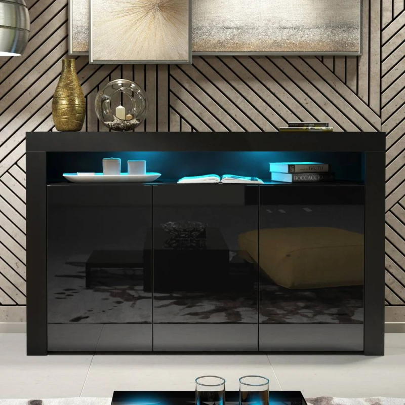Image of Creative Furniture Aether Sideboard 155cm - Black with Gloss Doors & LED Lights Black Unisex