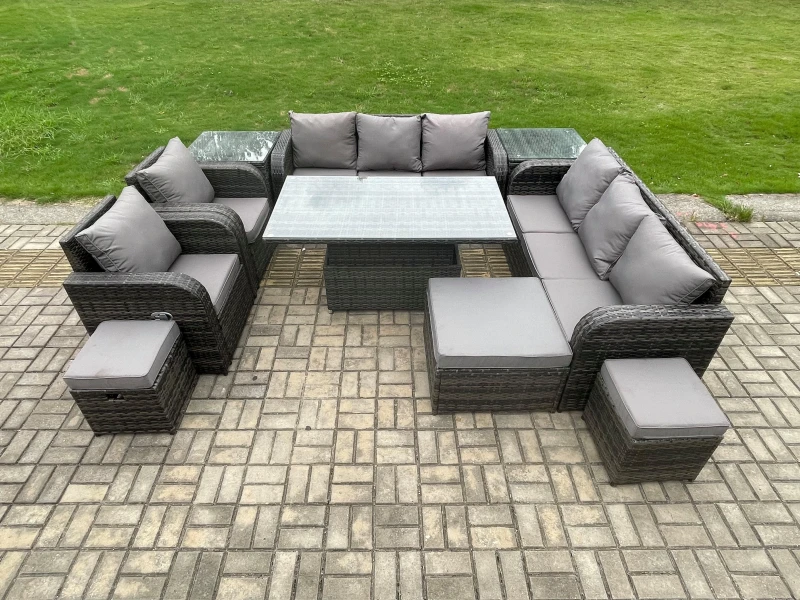 Image of Fimous 11 Seater Rattan Outdoor Garden Furniture Sets Height Adjustable Rising lifting DiningTable Sofa Set with Reclining Chair Dark Grey