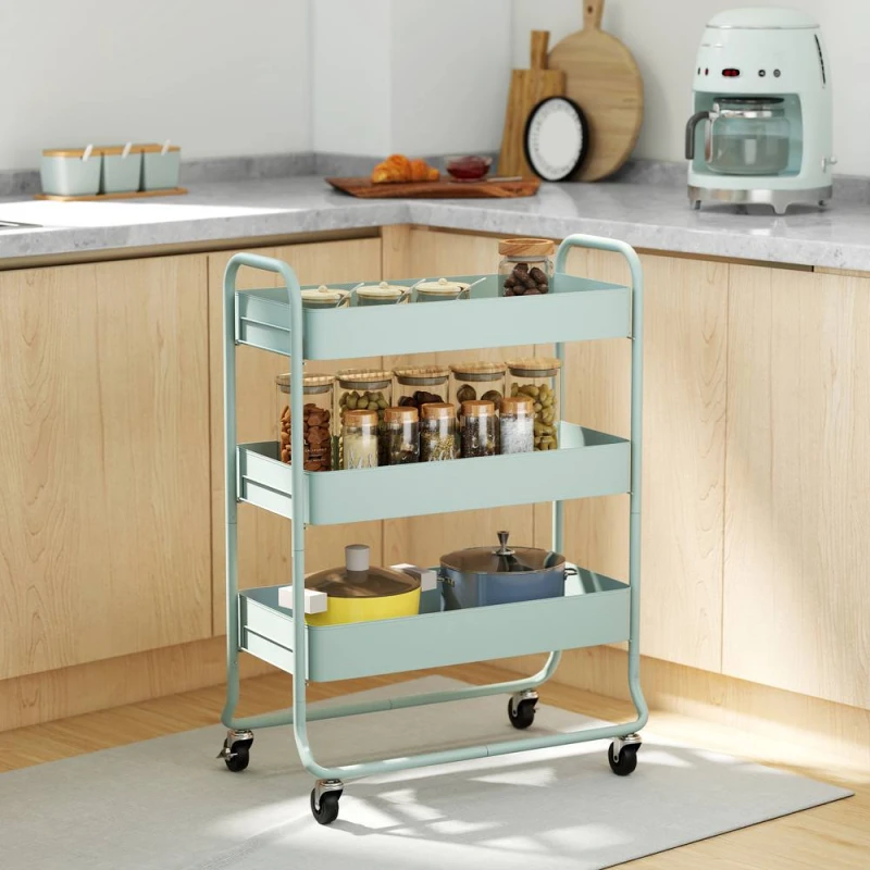Image of HOMCOM 3-Tier Storage Trolley, Storage Cart with Mesh Backets, Wheels in Green Green Unisex