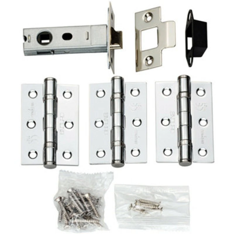 Image of Loops Hinge & Latch Pack 76mm Bolt Through Tubular Latch 3*3 Inch BB Hinge Chrome Multi