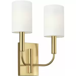 Image of Loops - Twin Wall Light White Linen Cylindrical Shades Burnished Brass LED E14 60W