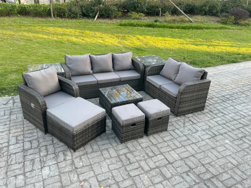 Image of Fimous Rattan Garden Furniture 9 Piece Patio Set With Table Sofa Square Coffee Table Reclining Chair Side 3 Seater Sofa 3 Footstools Dark Grey