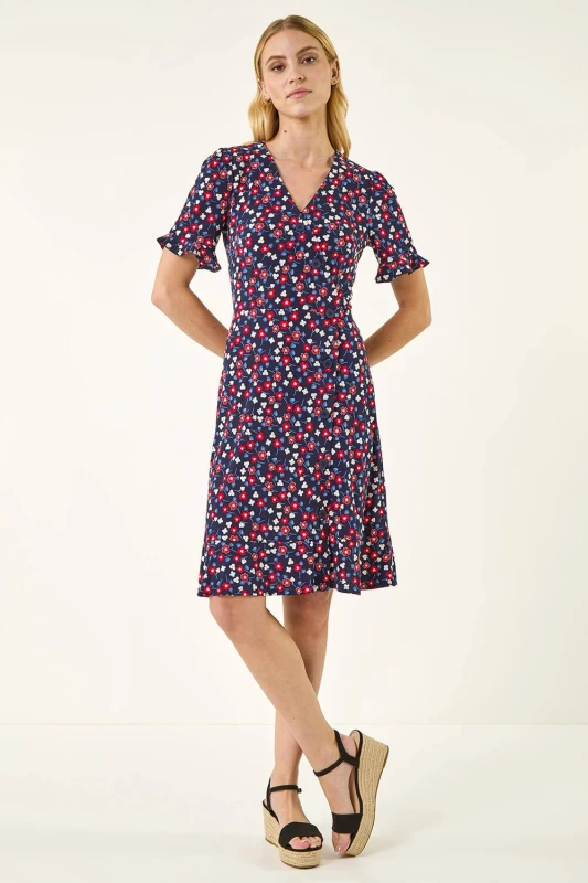 Image of Roman Womens Floral Side Button Dress in Navy Size: 10 Navy Female 10