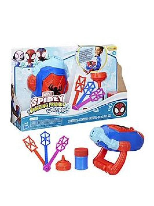 Image of Marvel Spidey and His Amazing Friends - Water-Webs Bubble Slinger Electronic Bubble Toy with 3 Wands Bubble Solution & Refill Funnel - Roleplay Toy f