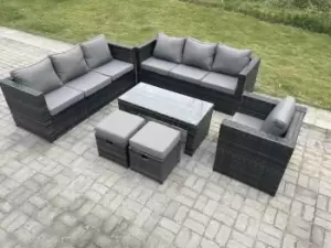 Image of Fimous 7 Seater Outdoor Dark Grey Rattan Lounge Sofa Complete Set with Oblong Coffee Table and 2 Stools