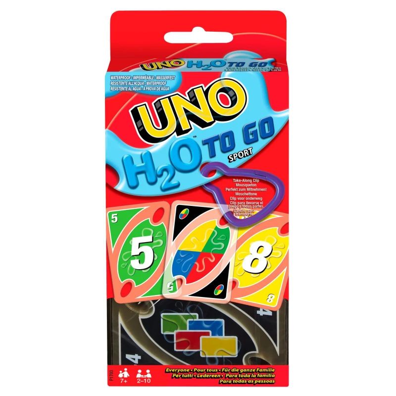 Image of Mattel Games UNO H2O To Go Card Game 108 durable plastic cards water resistant plus clip. Makes a Great Gift for Ages 7 and older